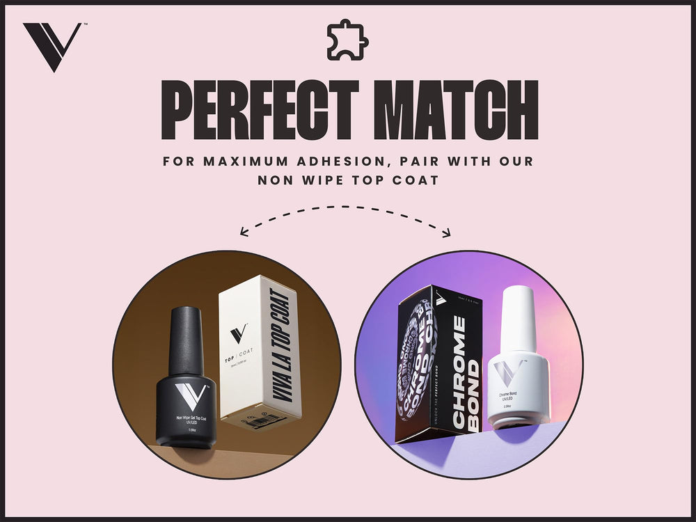 V Beauty Pure chrome pop gloss finish enhances shine for mirror-like nails.
