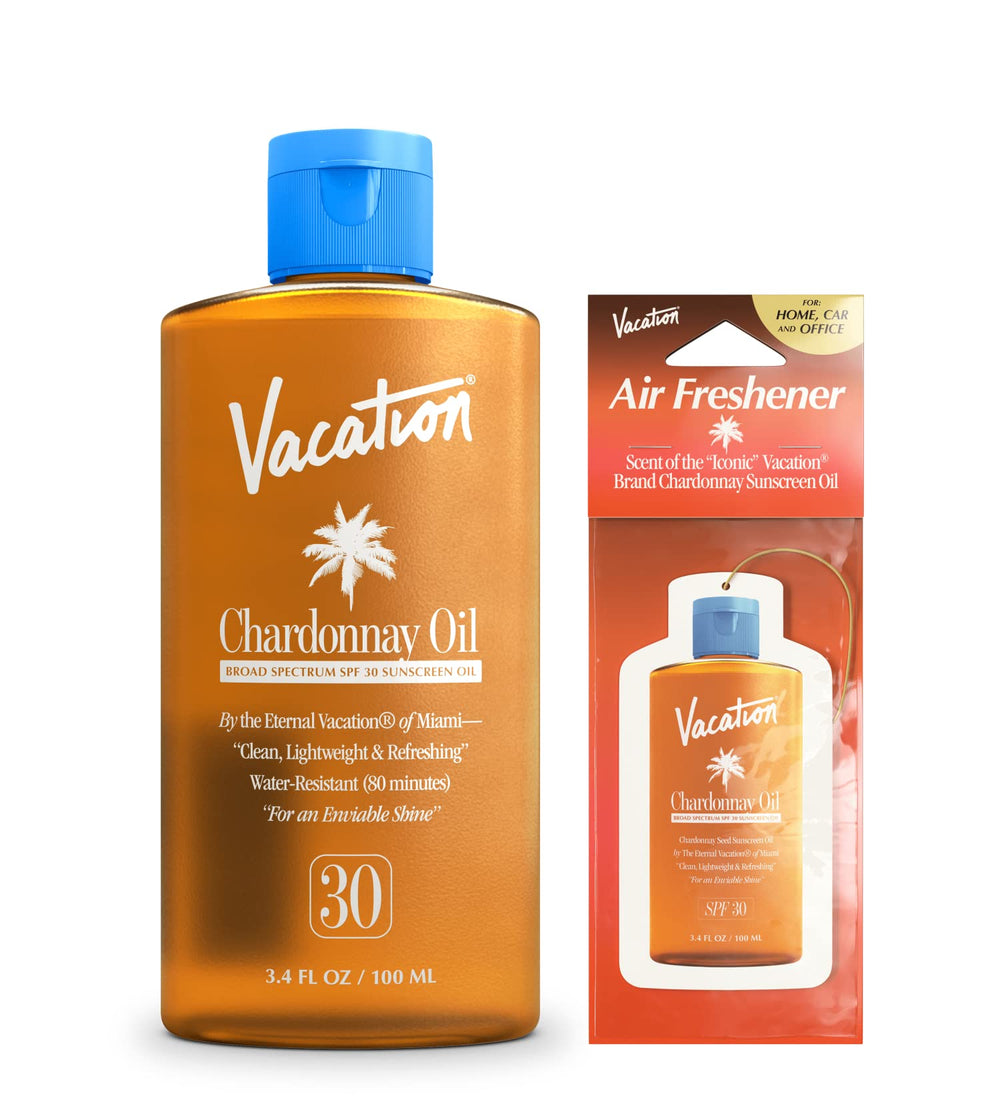 Vacation Chardonnay Oil SPF30 bottle demonstrates travel-friendly sun protection.