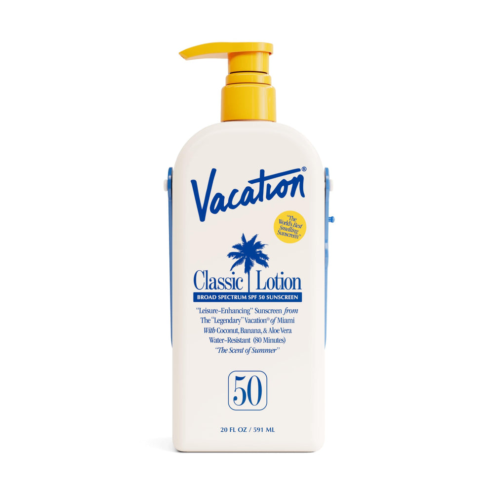 Vacation Classic Lotion SPF 50 pump bottle demonstrates quick, even coverage.