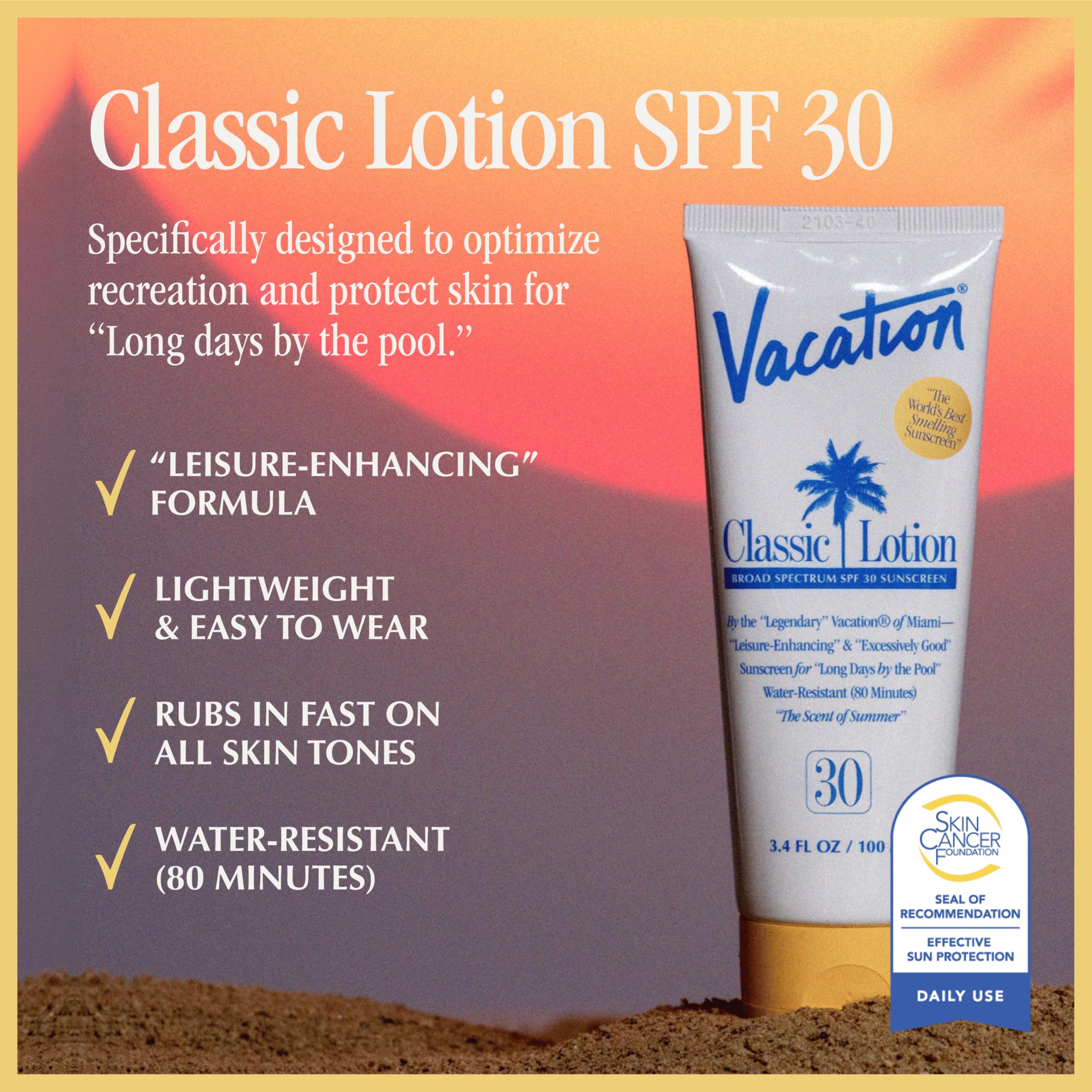 VACATION Classic Sunscreen Lotion label SPF 30 highlights broad-spectrum protection