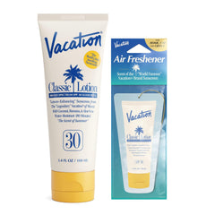 Vacation Classic Sunscreen Lotion SPF 30 bottle on beach, broad protection