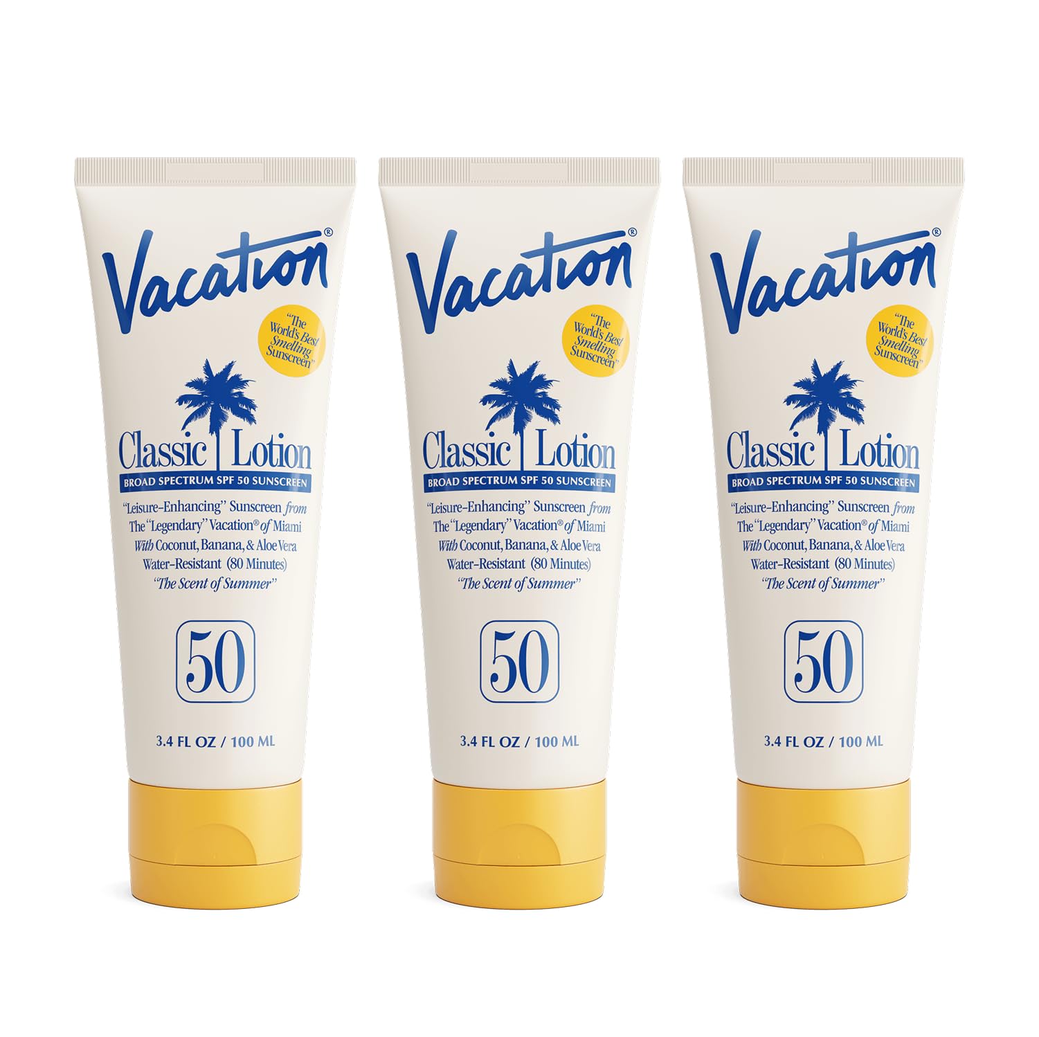 VACATION Vacation Classic Sunscreen SPF 50 bottle with pump shows lightweight application
