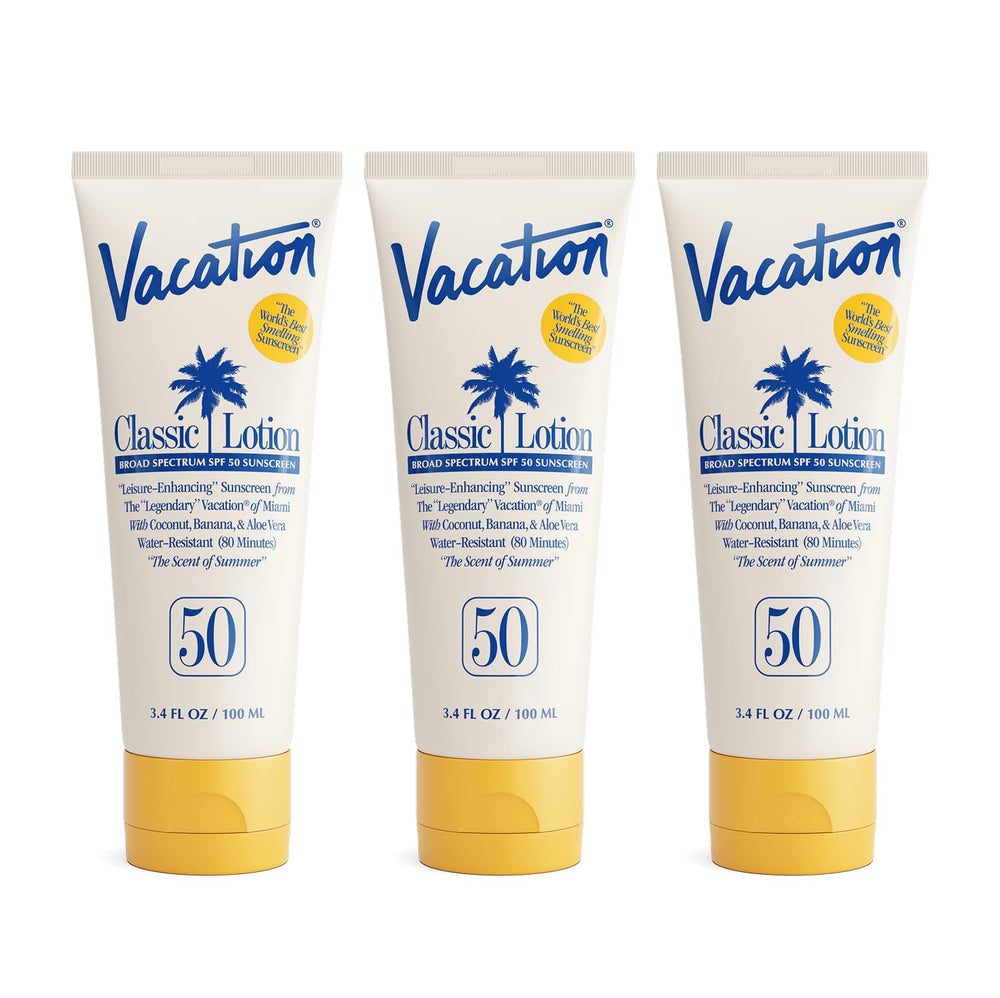 VACATION Vacation Classic Sunscreen SPF 50 bottle with pump shows lightweight application