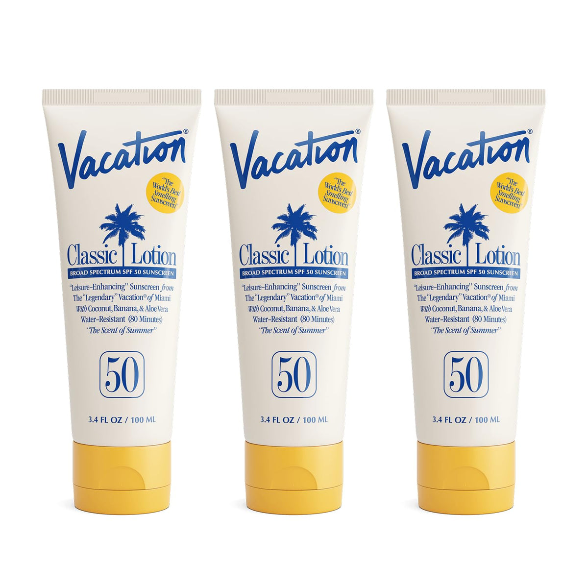 VACATION Vacation Classic Sunscreen SPF 50 bottle with pump shows lightweight application