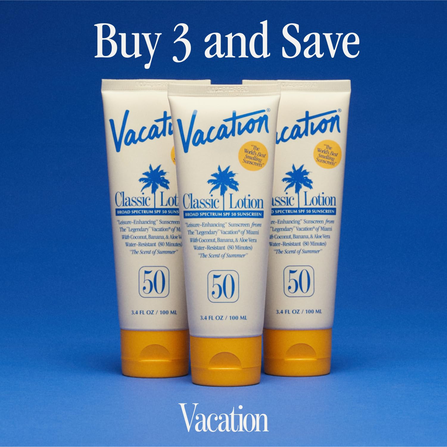 VACATION Classic Sunscreen SPF 50 water resistance up to 80 minutes during swim or sweat