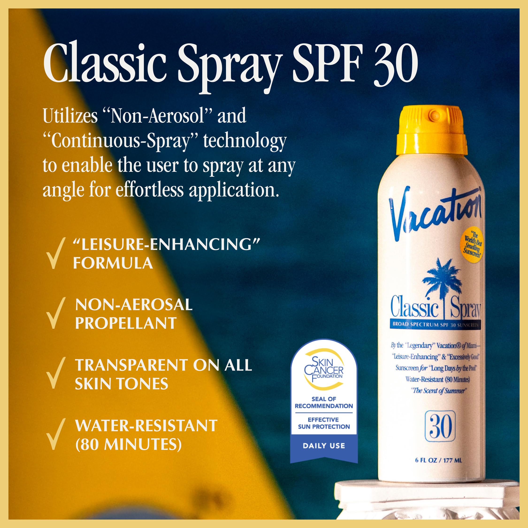 Vacation Classic Sunscreen Spray in action demonstrates easy upside-down spraying for flexible application.