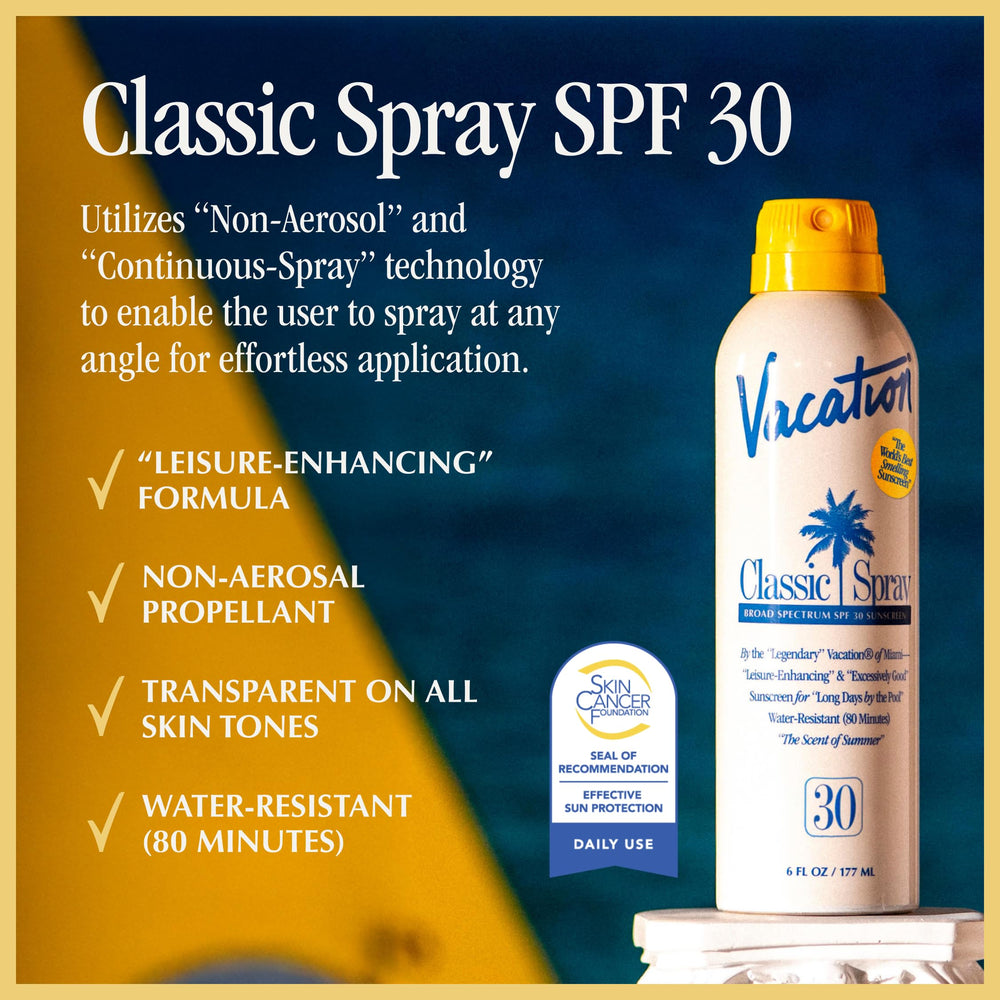 Vacation Classic Sunscreen Spray in action demonstrates easy upside-down spraying for flexible application.