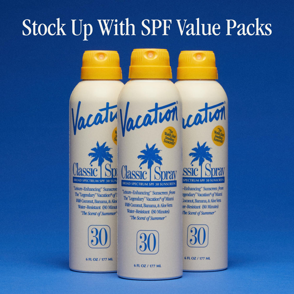 Vacation Classic Sunscreen Spray scent notes of coconut and banana evoke paradise.