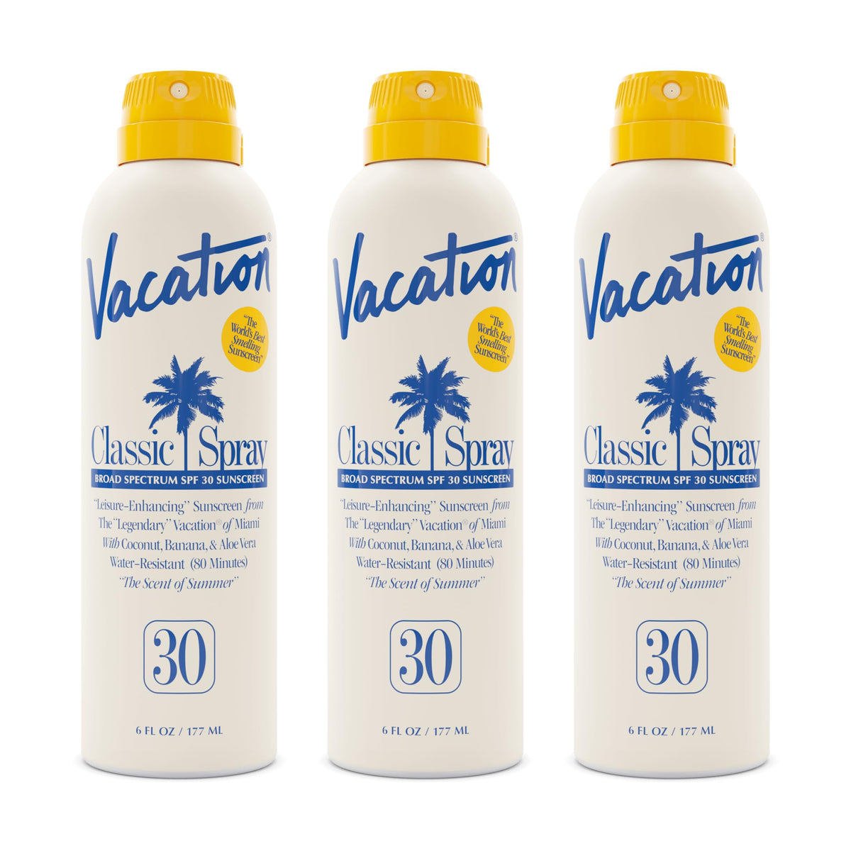 Vacation Classic Sunscreen Spray bottle front view showing SPF 30 and lightweight formula.