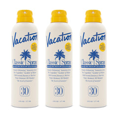 Vacation Classic Sunscreen Spray bottle front view showing SPF 30 and lightweight formula.