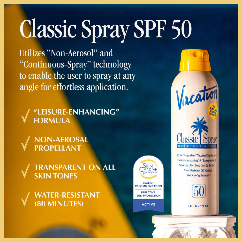Vacation Classic Sunscreen Spray SPF 50 application side view shows even coverage.