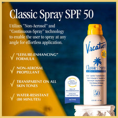 Vacation Classic Sunscreen Spray SPF 50 application side view shows even coverage.
