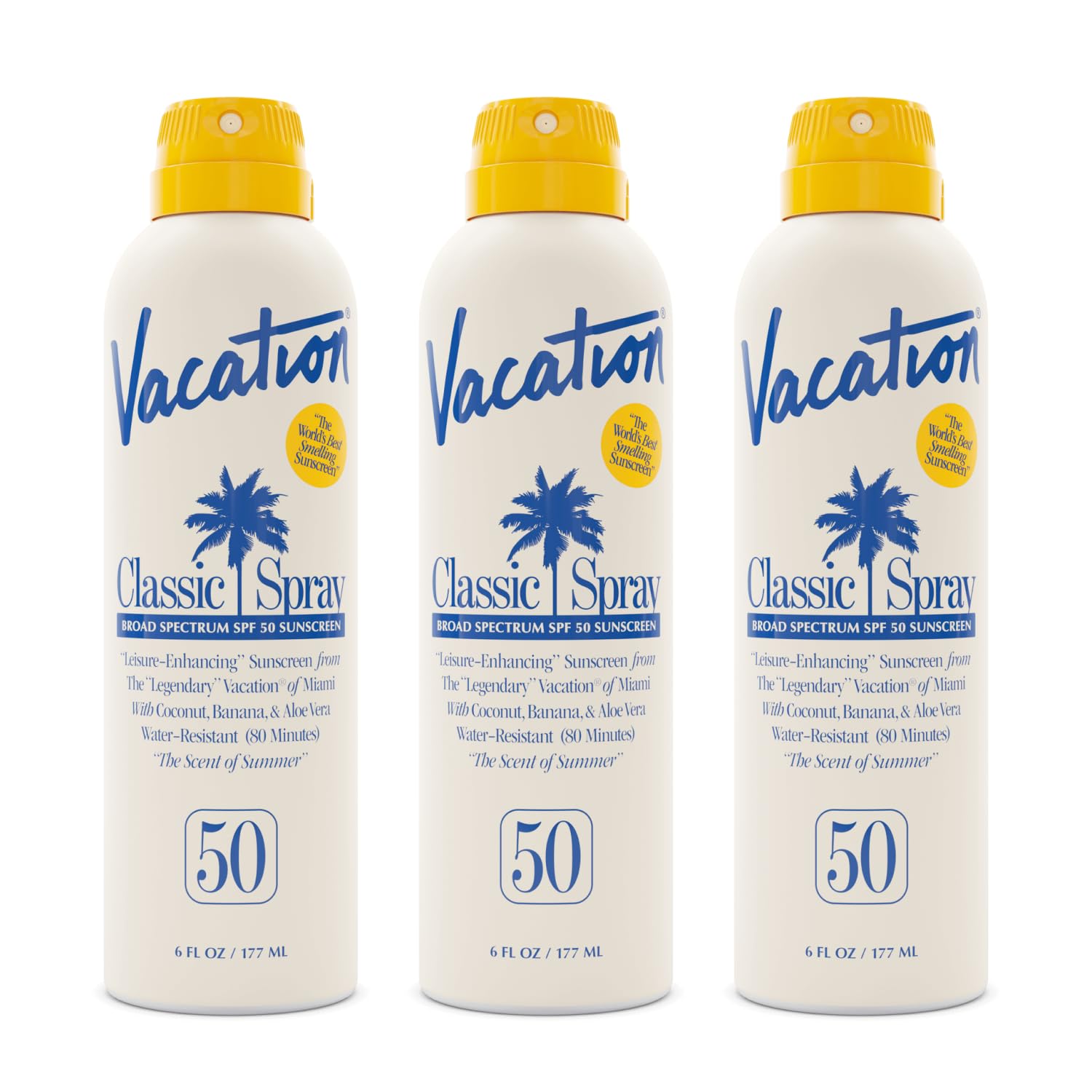 Vacation Classic Sunscreen Spray SPF 50 bottle angled for travel-ready packaging.