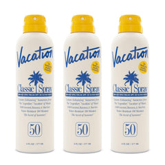 Vacation Classic Sunscreen Spray SPF 50 bottle angled for travel-ready packaging.