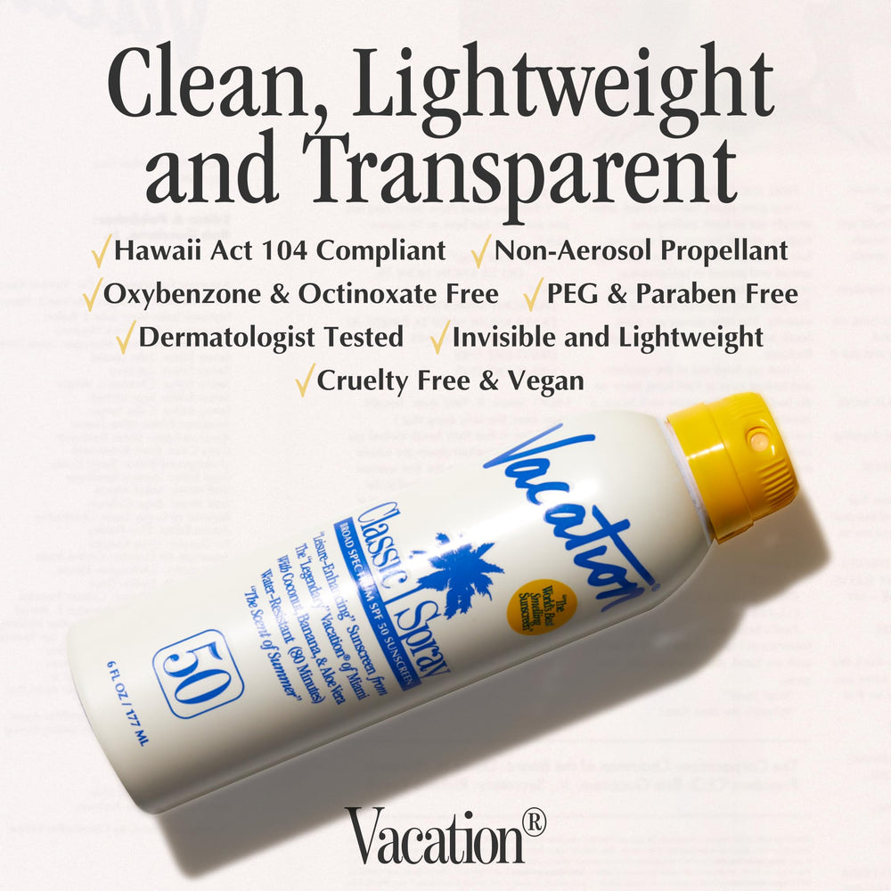 Vacation Classic Sunscreen Spray SPF 50 on skin shows transparent protection.