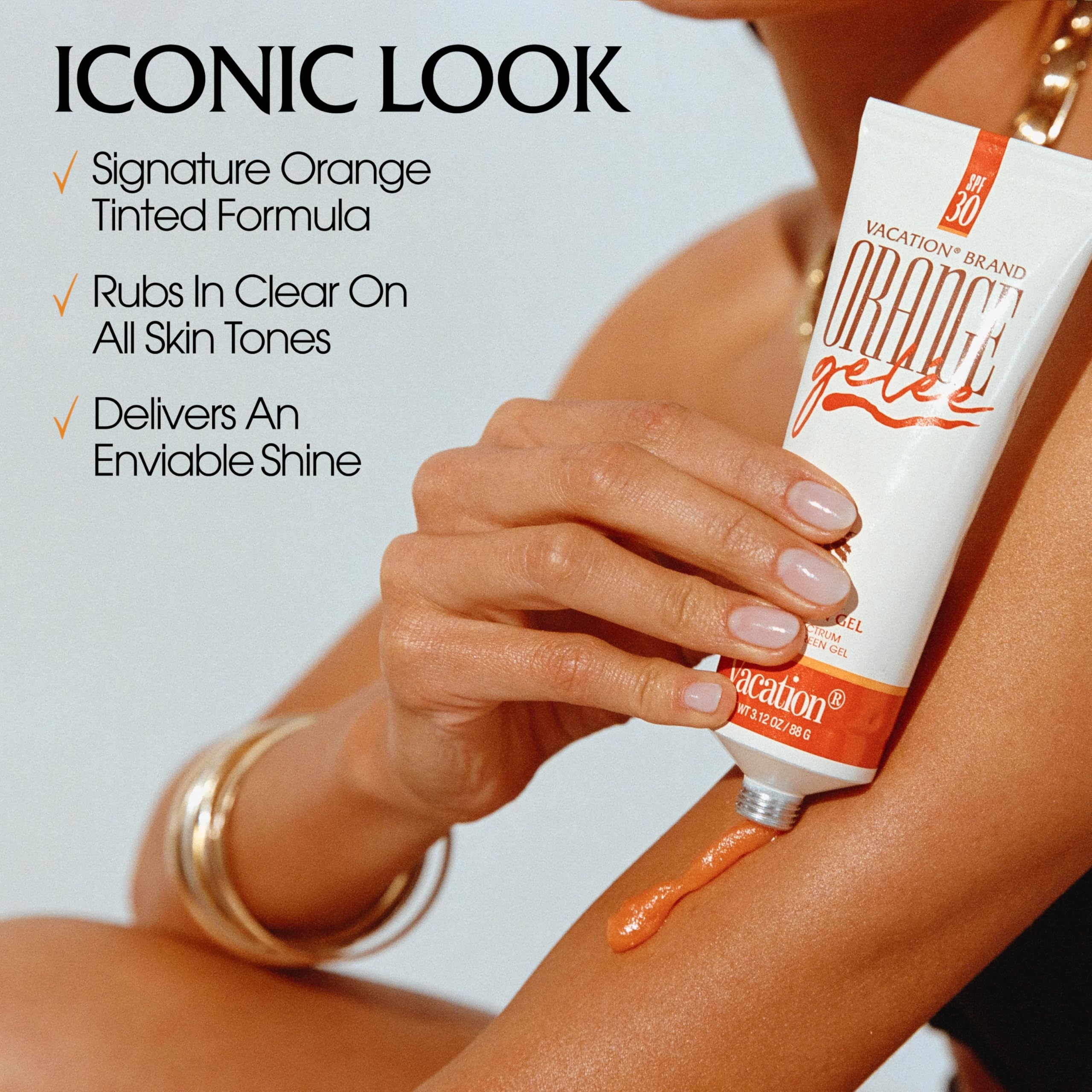 Vacation Orange Gelée SPF 30 label emphasizes sun protection with a mineral-oil-free formula.