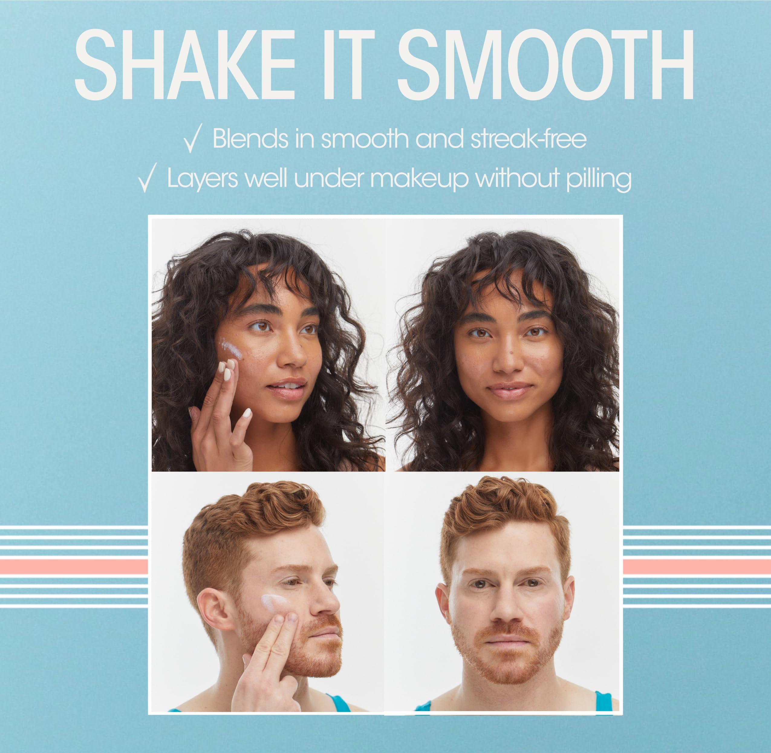 Vacation Shake Shake application on the face shows streak-free coverage.