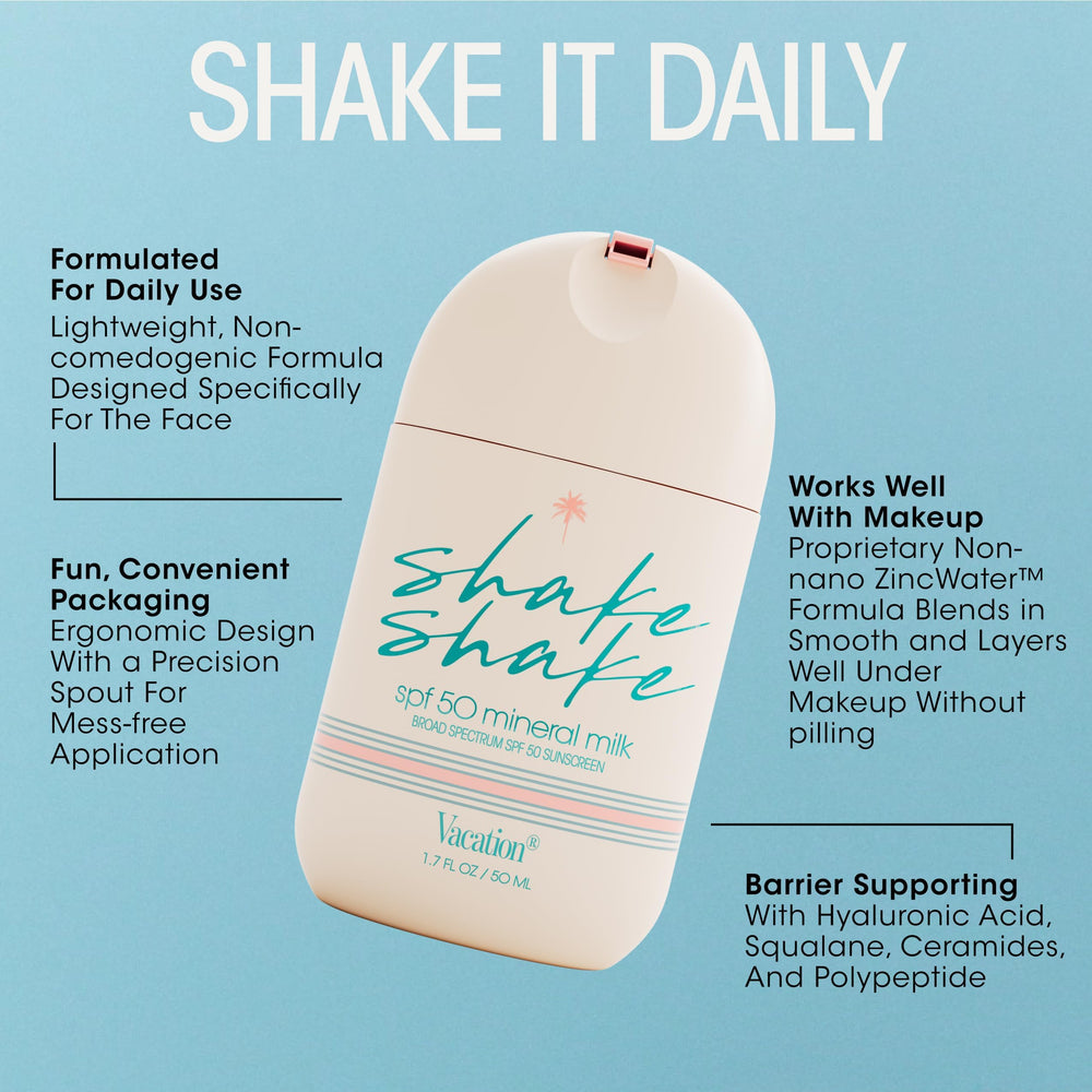 Vacation Shake Shake zinc-oxide formula shown as mineral-based sunscreen ingredient.