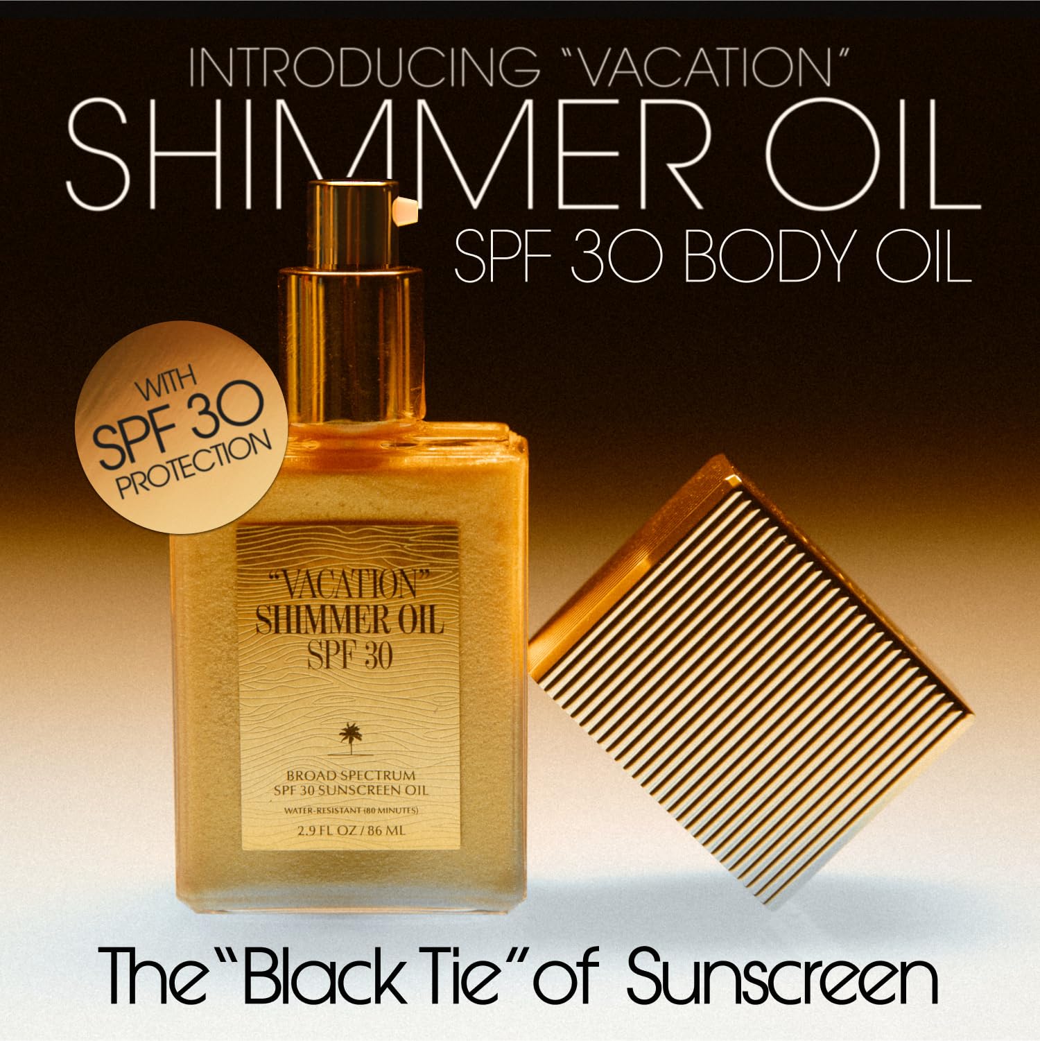 VACATION shimmer oil closeup shows gold glimmer on skin