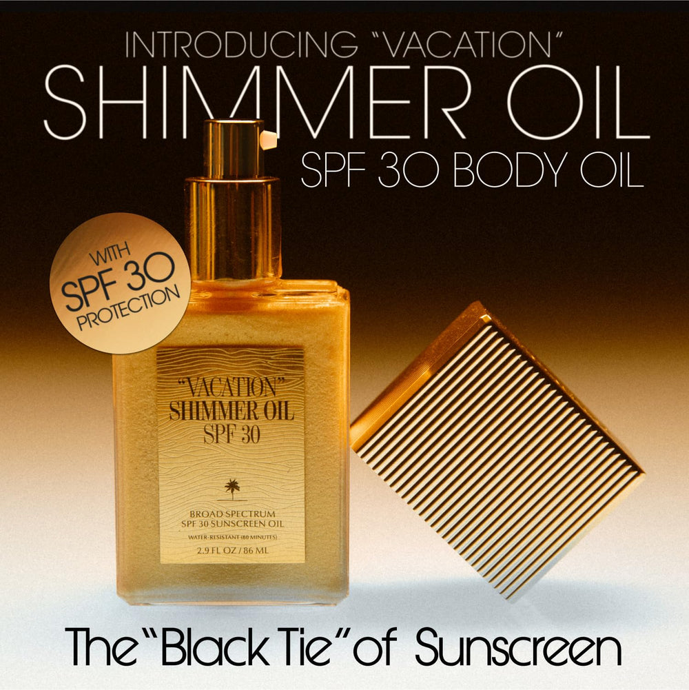 VACATION shimmer oil closeup shows gold glimmer on skin
