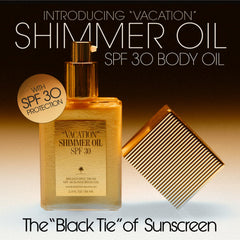 VACATION shimmer oil closeup shows gold glimmer on skin