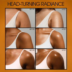 VACATION shimmer oil hand-application shows even shimmer across skin