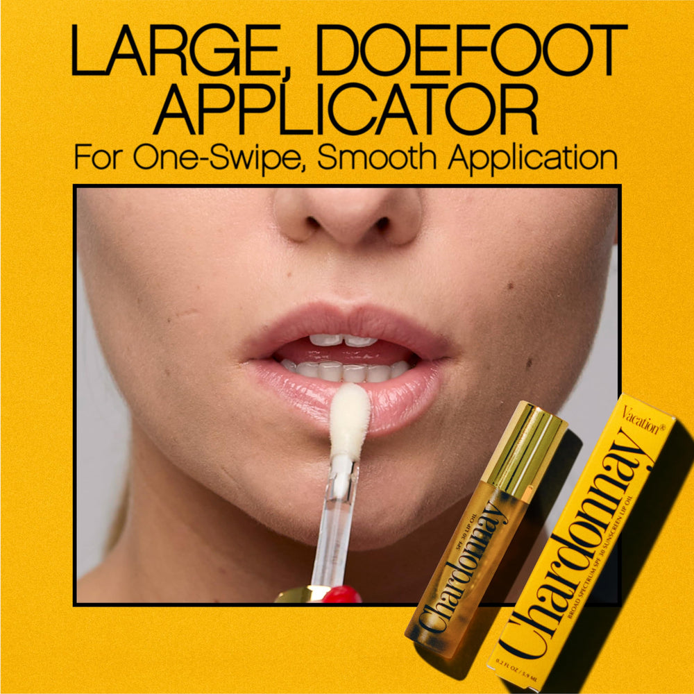 Vacation Lip Oil application on lips demonstrates hydrating gloss with SPF 30 protection.