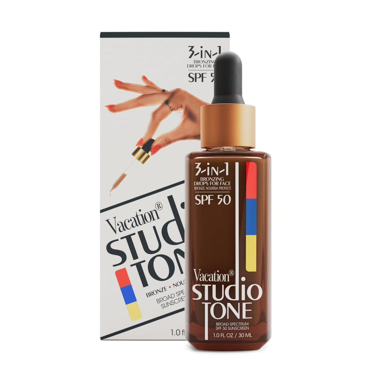 Vacation Studio Tone bottle closeup highlights bronzing drops and SPF protection.