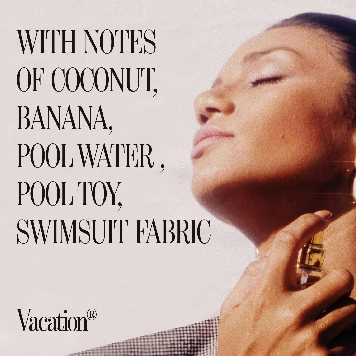 VACATION Sunscreen Eau de Toilette label highlights sun-kissed notes for summer vibes