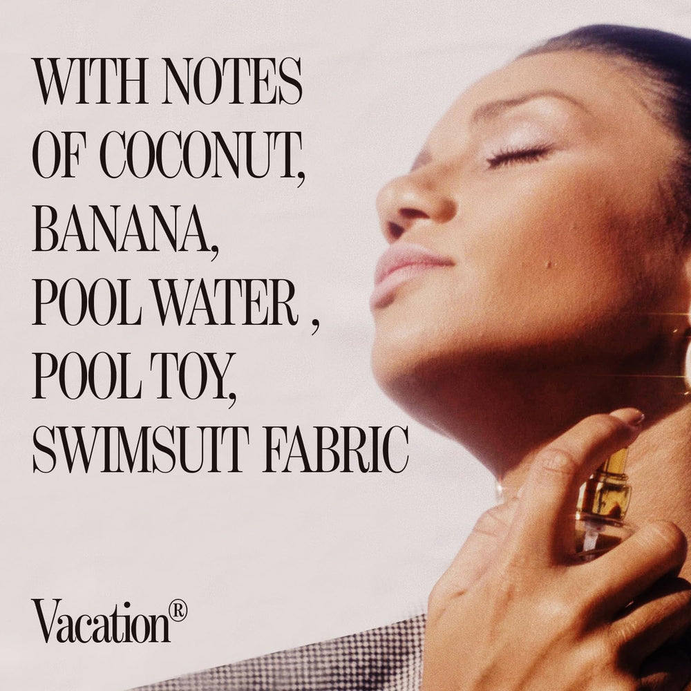 VACATION Sunscreen Eau de Toilette label highlights sun-kissed notes for summer vibes