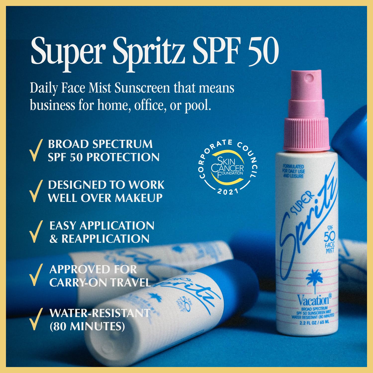 Vacation Super Spritz SPF50 face mist dispense shows the fine, airy spray.