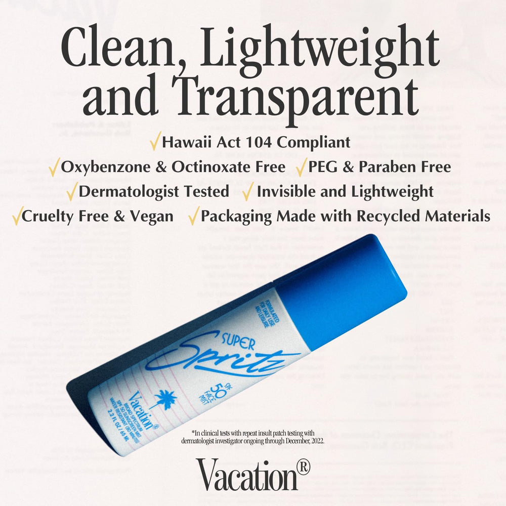 Vacation Super Spritz SPF50 face mist quickly dries to a satin finish.