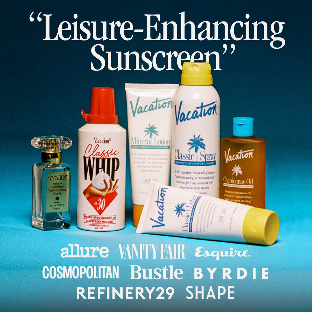 VACATION travel-friendly bundle laid out for portable sun care and aroma boost.