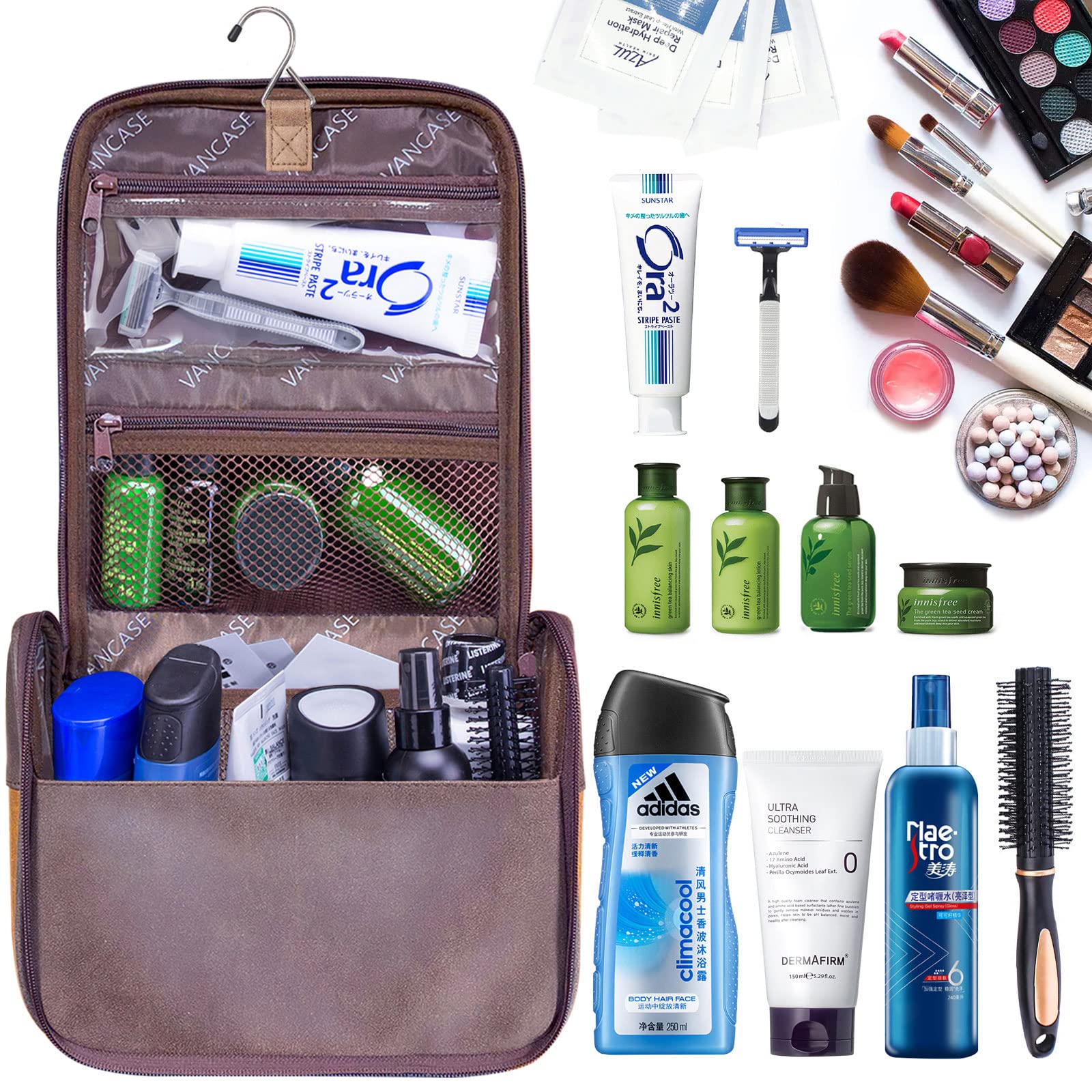 VACNASE hanging toiletry bag antique PU leather texture feels premium and waterproof.