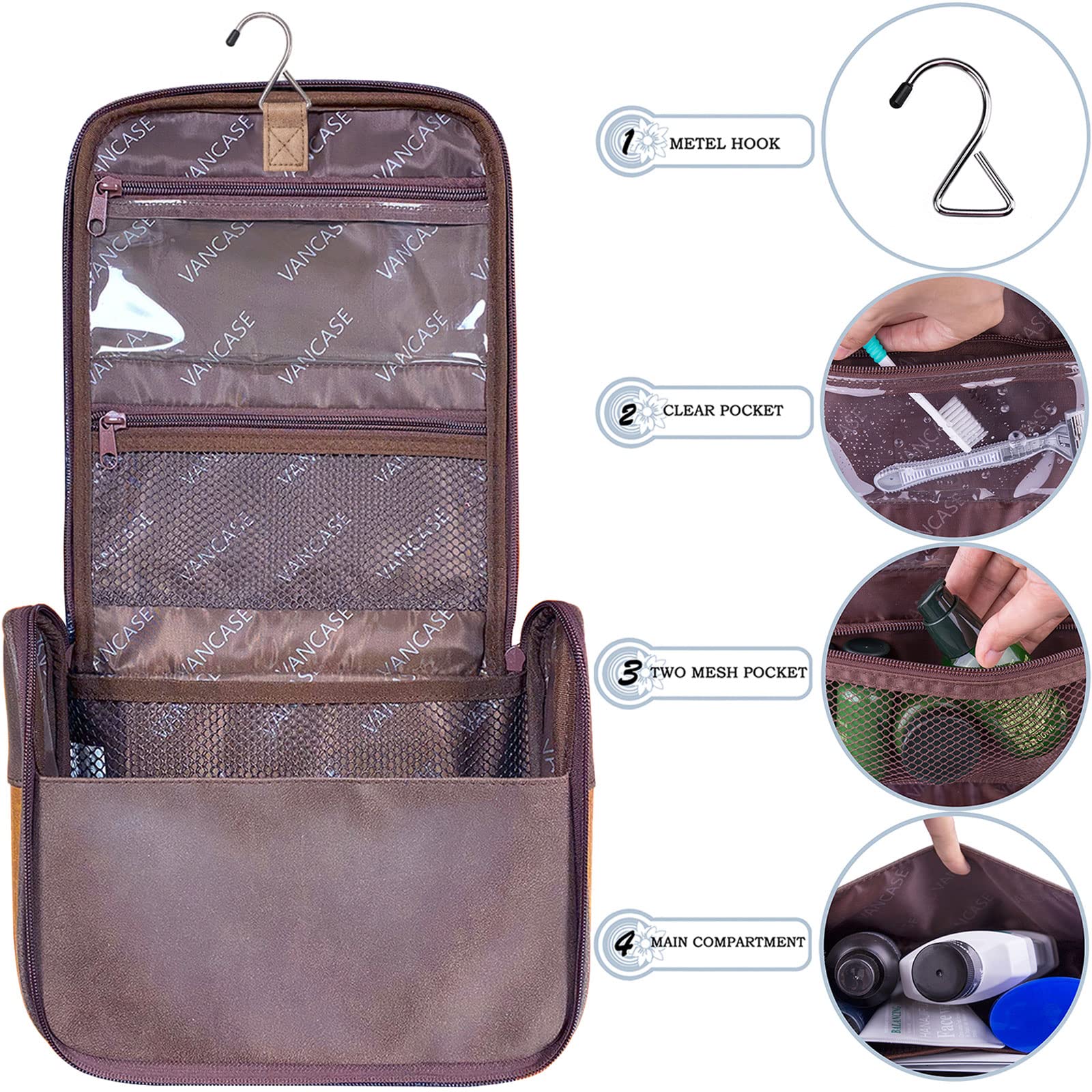 VACNASE hanging toiletry bag hook design supports wall or table use.