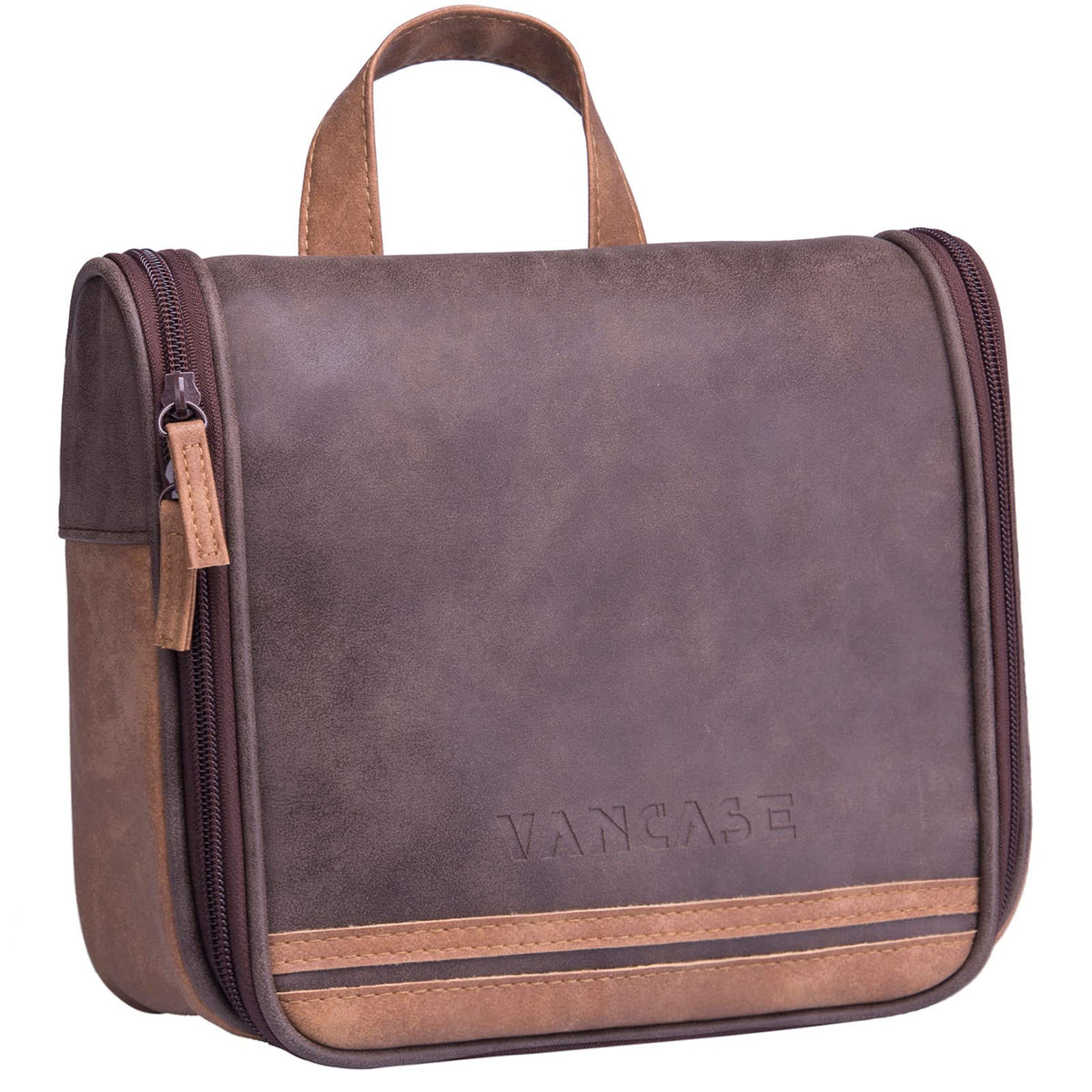 VACNASE hanging toiletry bag leather close-up shows durable PU leather for travel.