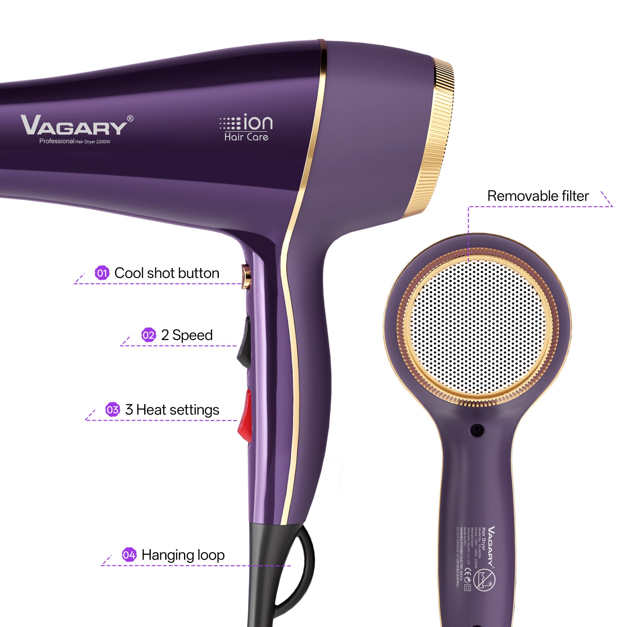 VAGARY 6690A ionic emission for smoother, less static hair