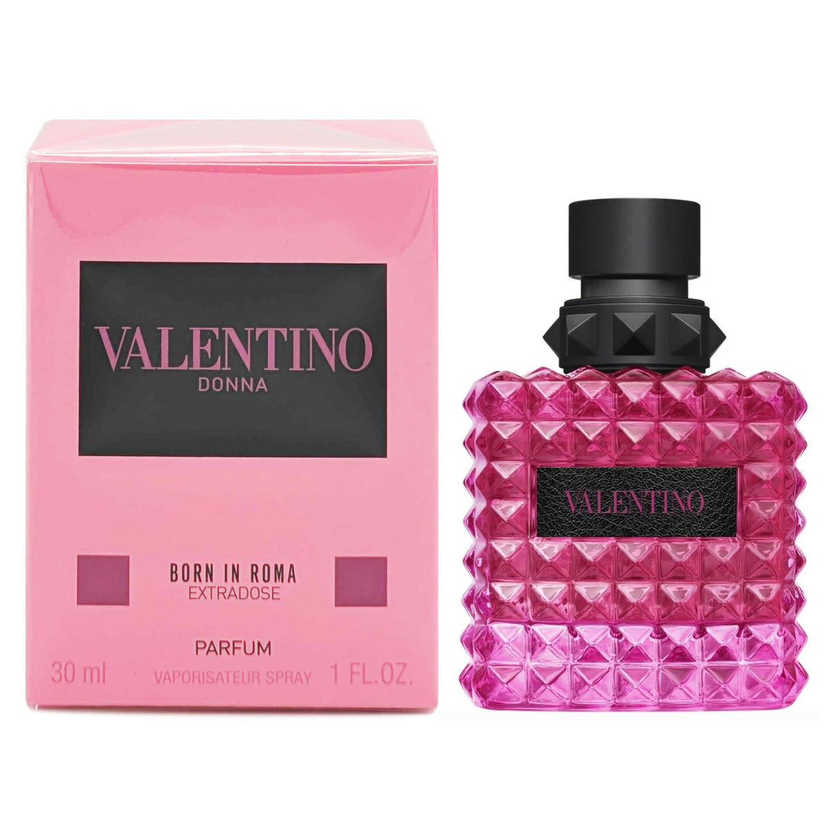 Valentino Born in Roma Extradose Donna pink bottle highlights a bold floral-amber scent ideal for evening wear.