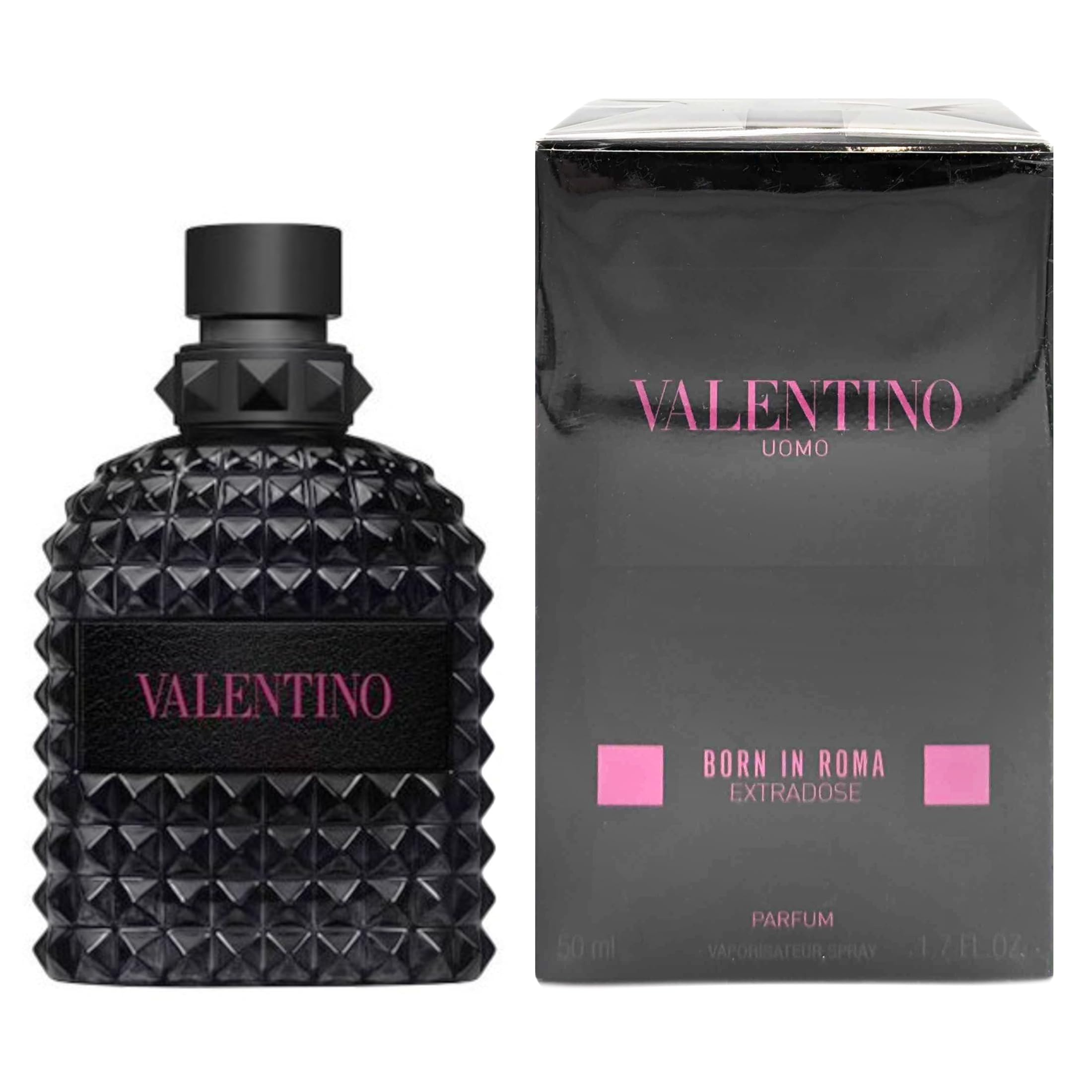 Valentino Born in Roma Extradose bottle front highlights bold Rockstud styling for confident evenings.