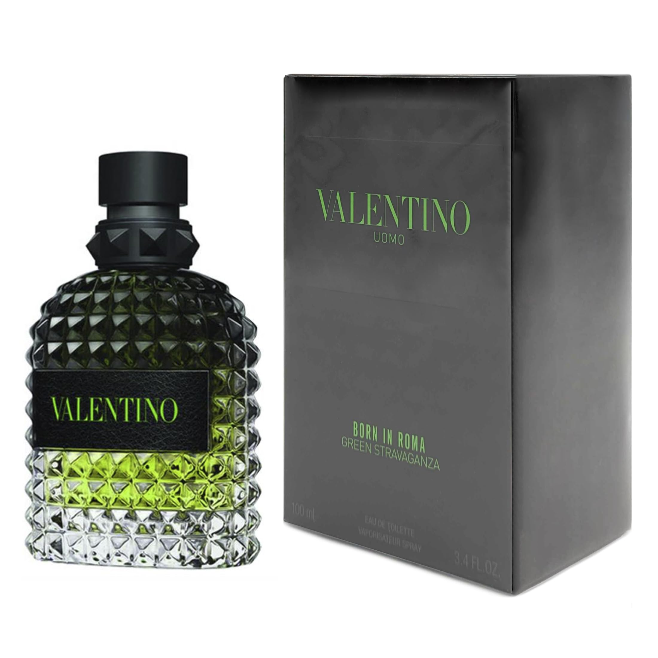 Valentino Uomo Born In Roma Green Stravaganza bottle close-up for daytime freshness.