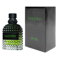 Valentino Uomo Born In Roma Green Stravaganza bottle close-up for daytime freshness.