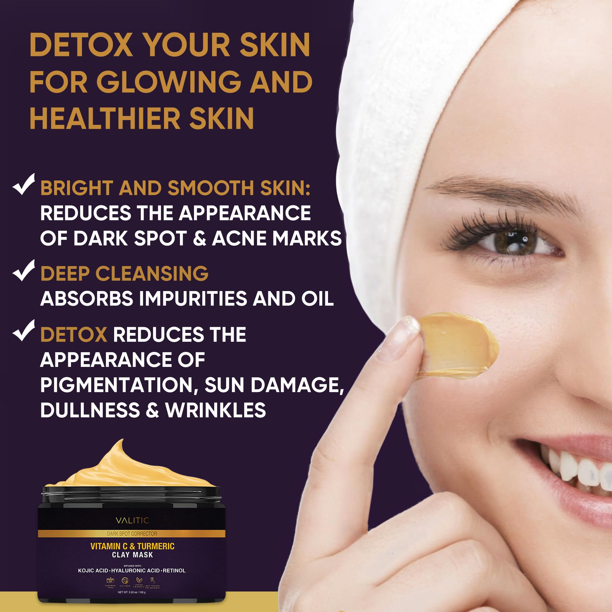 VALITIC dark spots before image hints at more even skin tone possibilities.