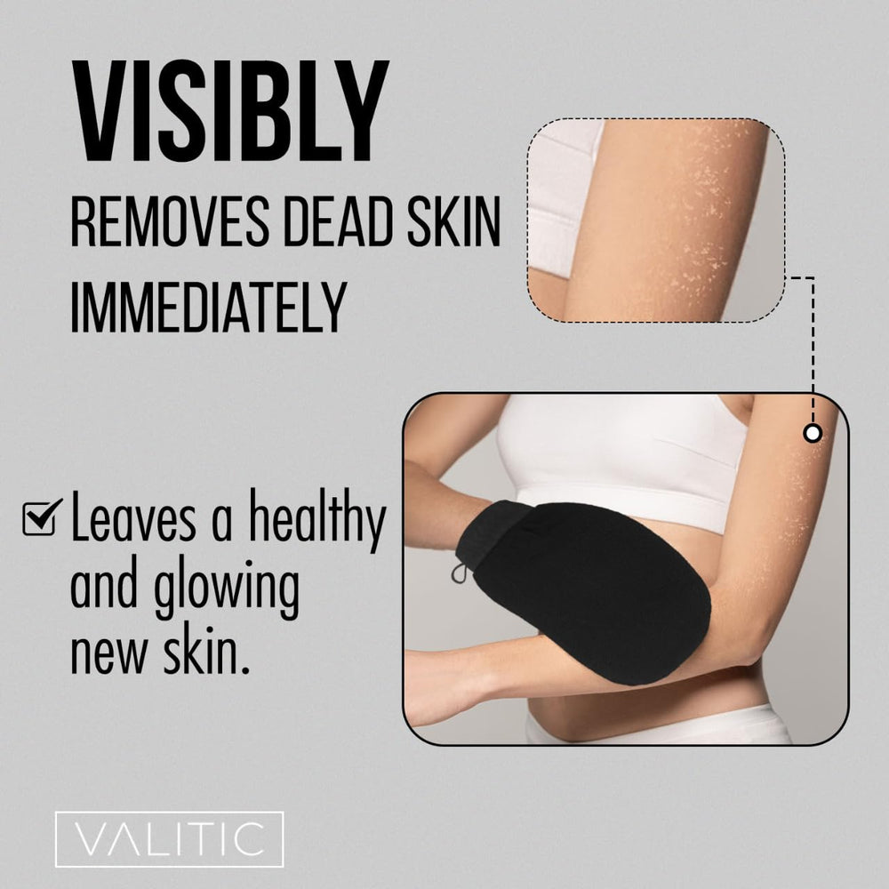 VALITIC exfoliating-glove texture closeup shows microfibers for gentle exfoliation