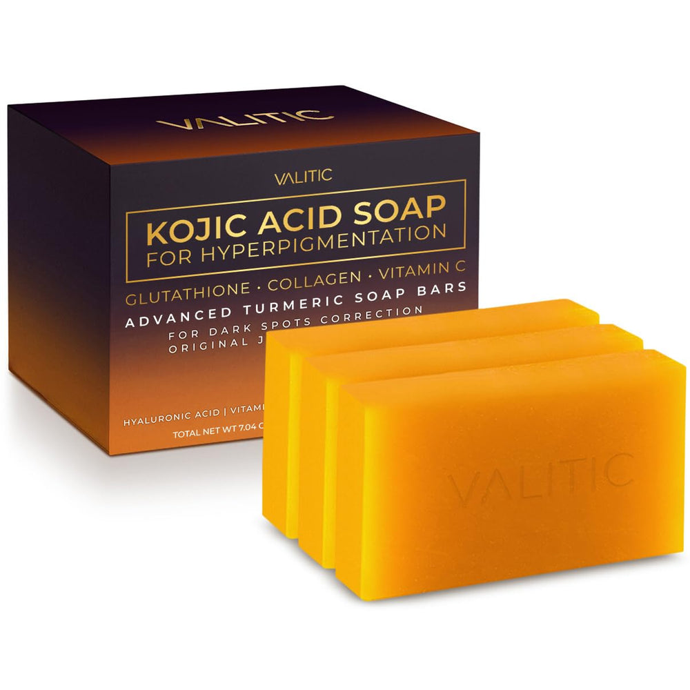 VALITIC Kojic Acid Soap Bar closeup ingredients highlights brightening potential.