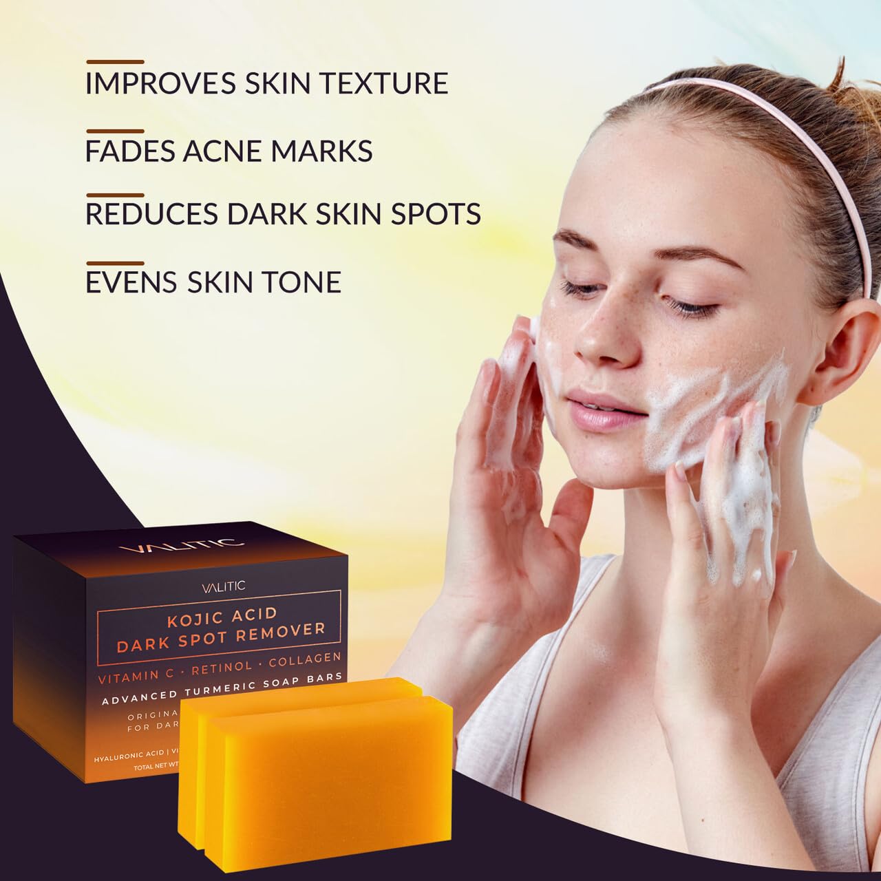 Valitic Kojic Acid dark spot remover soap 2-pack stacked for easy storage.