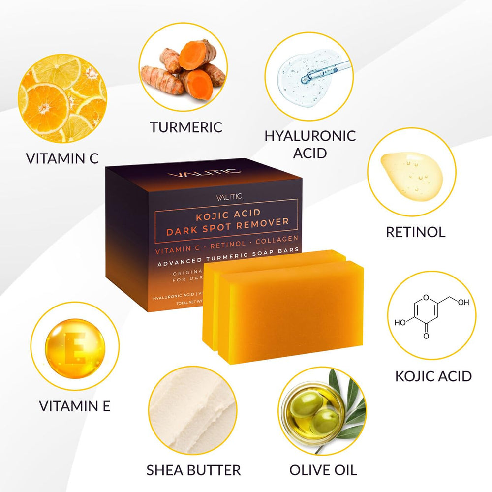 Valitic Kojic Acid soap applied to face and neck as part of a daily skincare routine.
