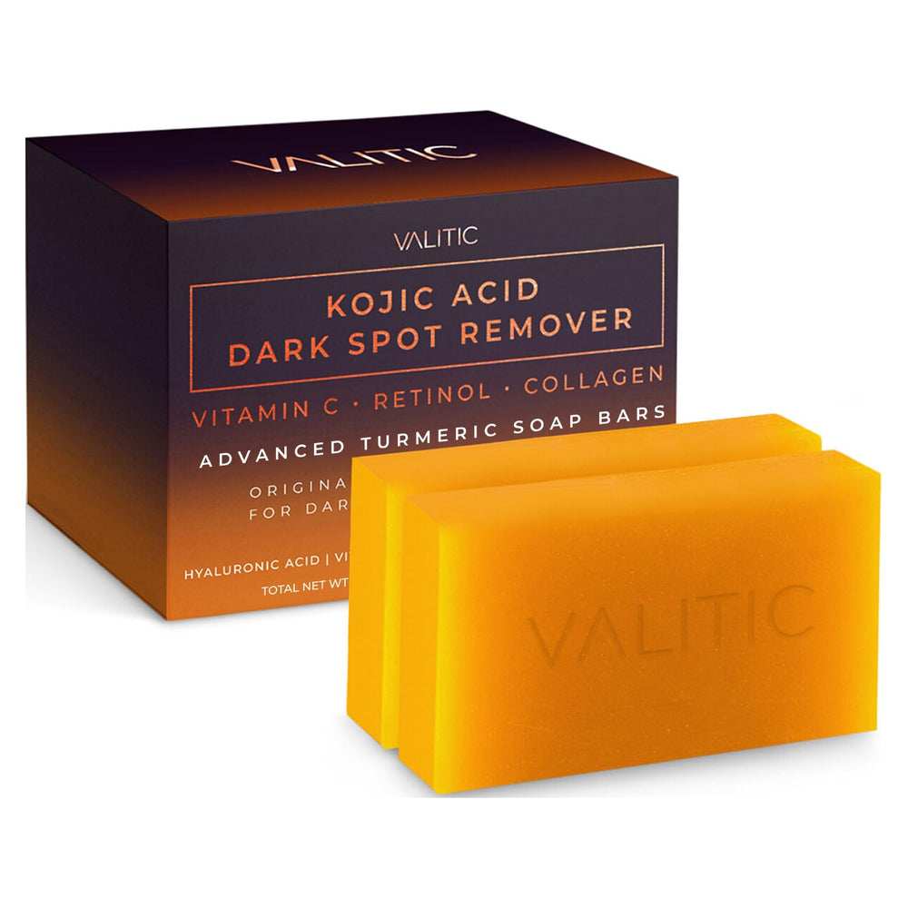 Valitic Kojic Acid dark spot remover soap packaging highlighting the 2-pack value and premium Japanese complex.