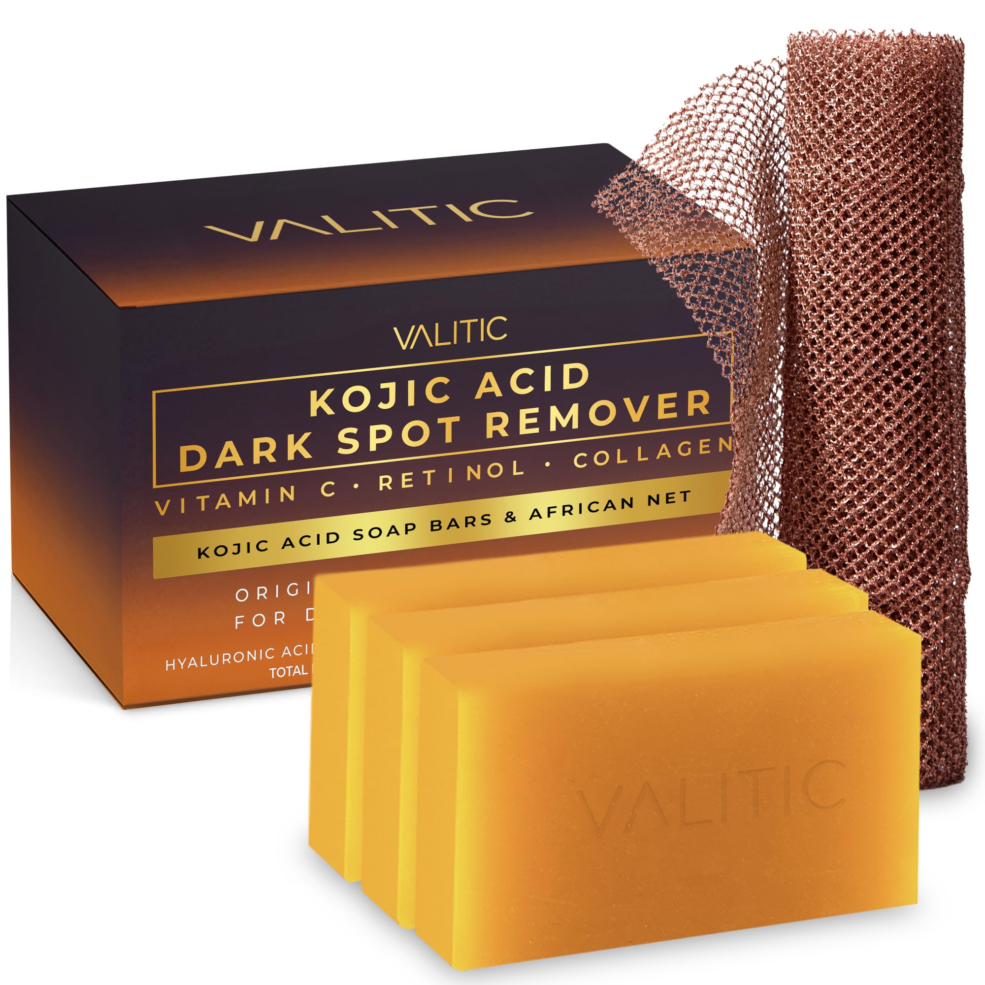 VALITIC Kojic Acid soap three-pack display highlighting brightening potential and cleansing action.