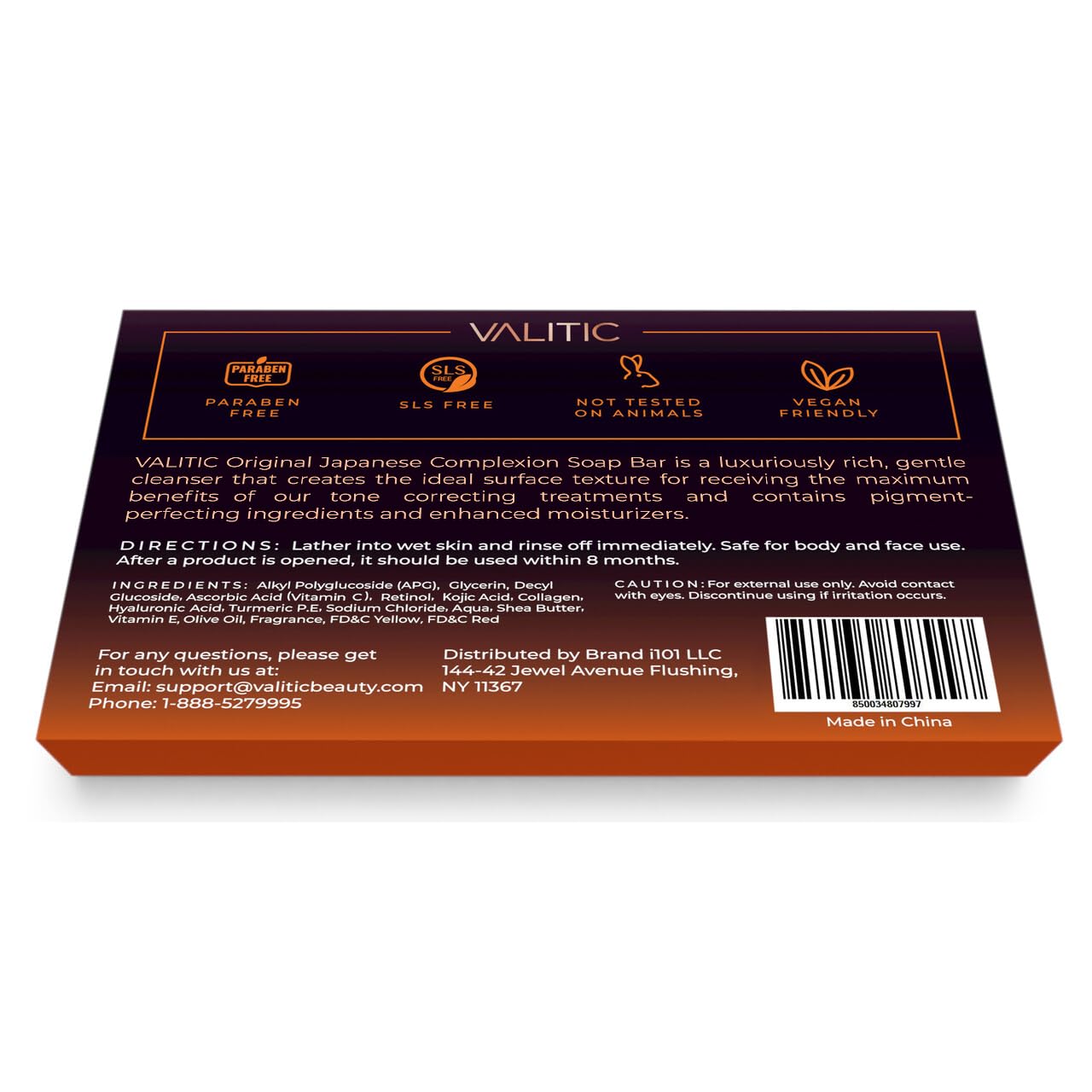 VALITIC Kojic Acid soap bar label closeup highlights Original Japanese Complex and benefits