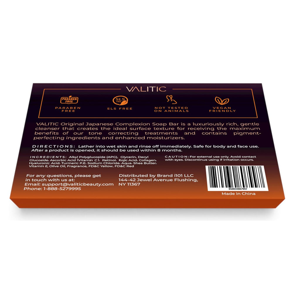 VALITIC Kojic Acid soap bar label closeup highlights Original Japanese Complex and benefits